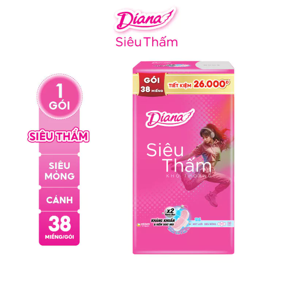  Băng vệ sinh Diana Siêu Thấm Siêu Mỏng Cánh 38 miếng/gói 