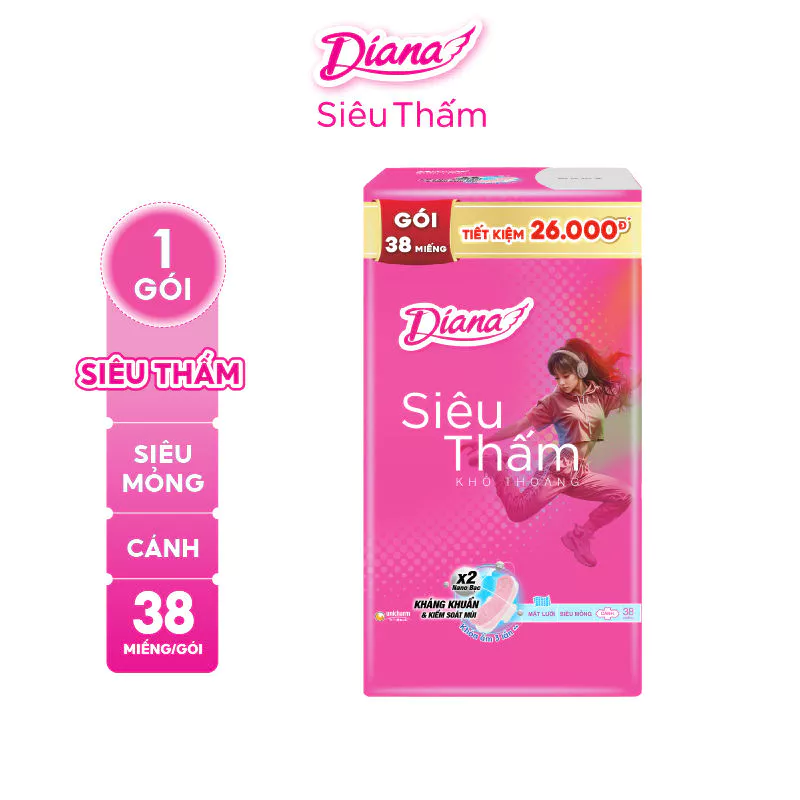  Băng vệ sinh Diana Siêu Thấm Siêu Mỏng Cánh 38 miếng/gói 