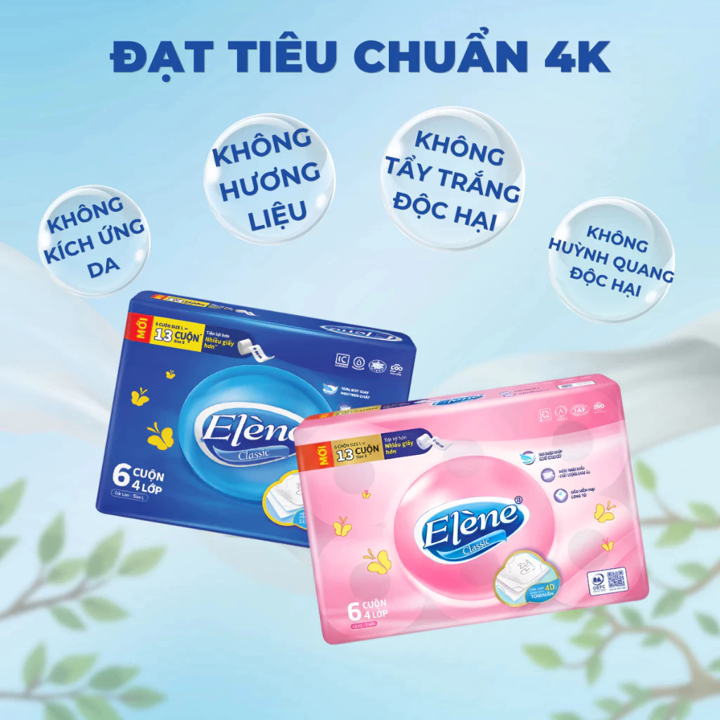  Giấy Vệ Sinh Elène (Có Lõi/Không Lõi) 4 Lớp Cao Cấp - 1 Bịch 6 Cuộn - An Toàn, Tiết Kiệm 