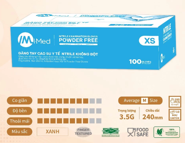  Găng tay y tế không bột nitrile màu xanh IMED 3.5g hộp 100 chiếc 