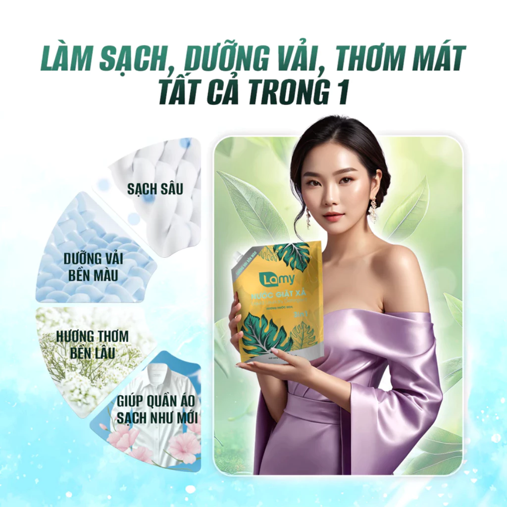  Nước Giặt Xả Lamy 3in1 lưu hương Nước Hoa, Sạch Sâu Mềm Vải Túi 2L/ Can 3.5L 