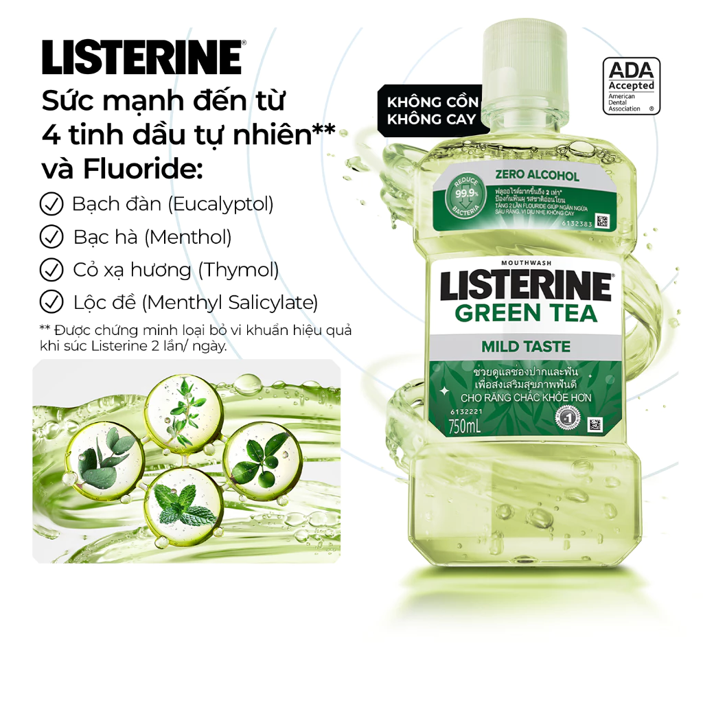  Nước Súc Miệng Ngừa Sâu Răng Vị Trà Xanh Không Cay Listerine Green Tea Zero Alcohol 750ml 