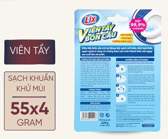  Viên tẩy bồn cầu Lix sạch khuẩn, khử mùi 55g x 4 viên, viên thả Toilet diệt khuẩn, tẩy sạch vệ sinh vết bám bẩn 