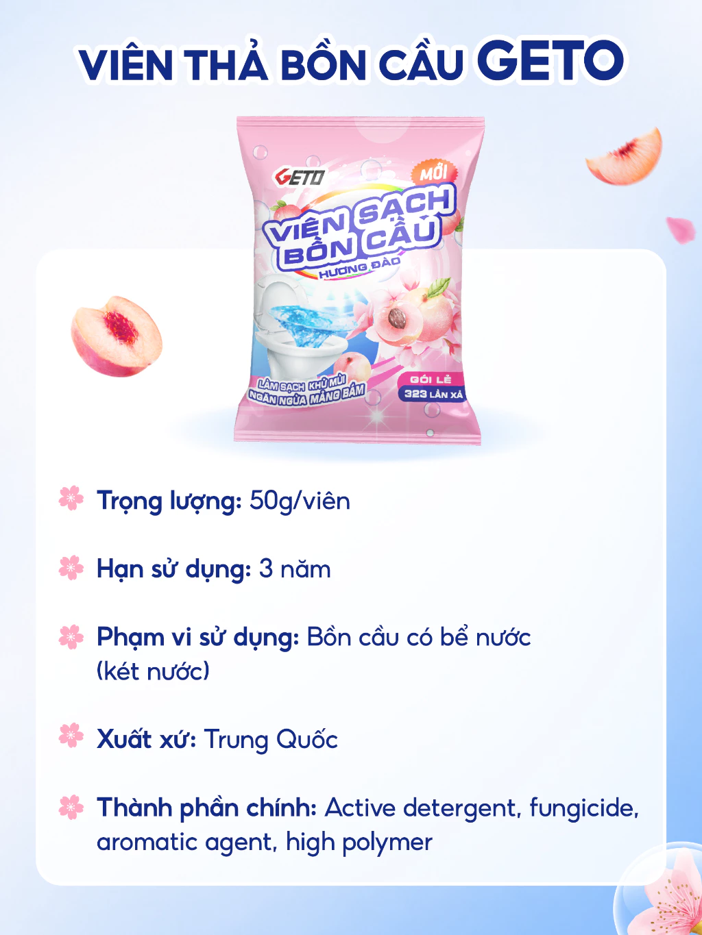  Viên Sạch Bồn Cầu Geto Hương Đào viên thả bồn cầu tẩy sạch mảng bám, khử mùi diệt vi khuẩn 50G/gói 
