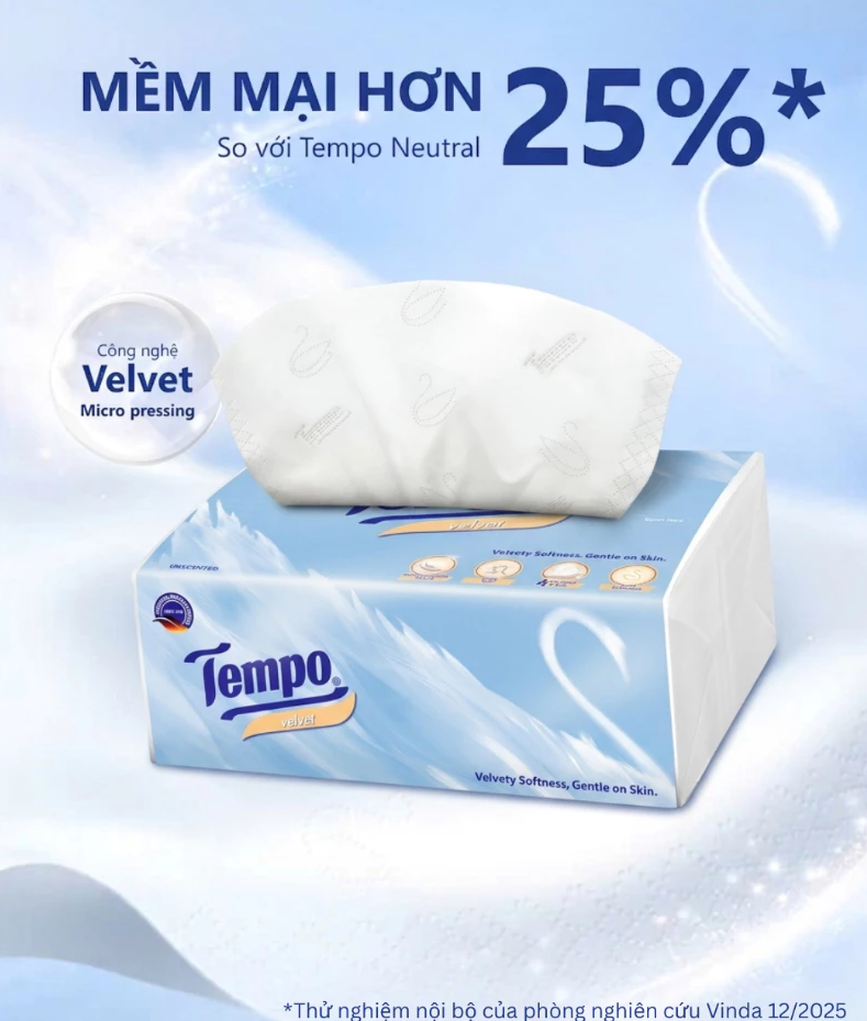  Khăn Giấy Rút Cao cấp Tempo Velvet Không Mùi 4 Lớp Bền Dai, An Toàn Thương Hiệu Đức (LỐC 4 GÓI) 