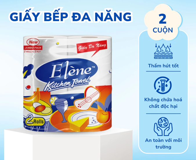  Giấy Lau Bếp Thấm Dầu Đa Năng Elene Tiện Lợi, Đa Năng, Tiết Kiệm - Túi 2 cuộn, 2 lớp, dài 30M 