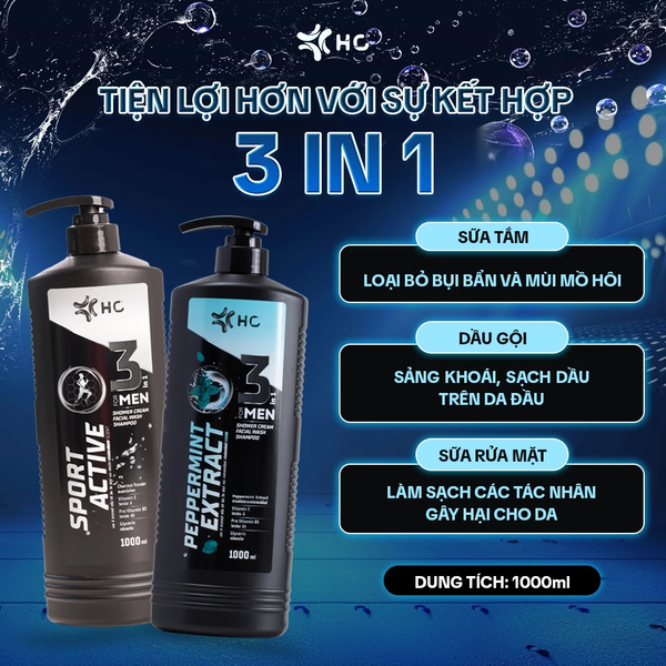  Sữa Tắm Gội Dưỡng Thể HC For Men 3 in 1 Chai 1000ml - Hương Nước Hoa, Chăm sóc sức khỏe nam giới 