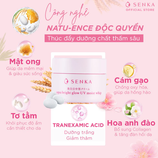  Kem ngày dưỡng da trắng hồng mờ thâm sạm Senka Aqua Bright Glow UV Moist Whip SPF 25 PA ++ 50g 