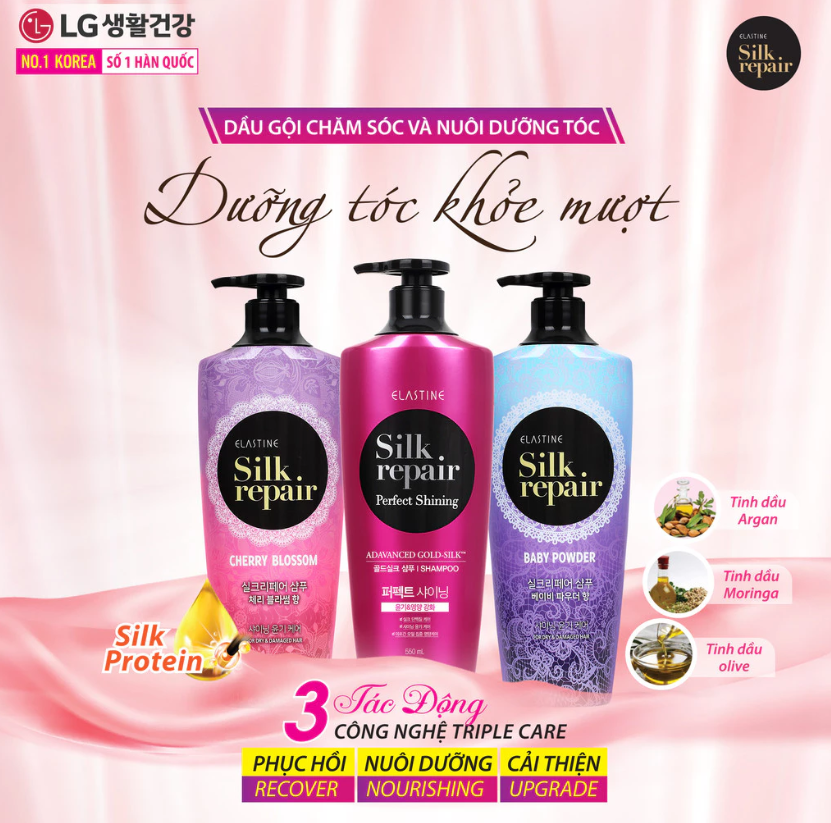  Dầu gội chăm sóc tóc Elastine Silk Repair 550ml Hương Hoa Anh Đào 