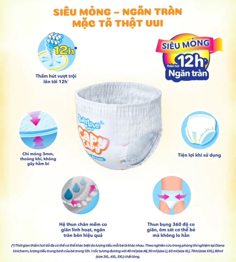  Tã quần Baby Love Capycapy - 12H Thấm hút size M66/L56/XL52/XXL48/3XL34/4XL30/5XL26 
