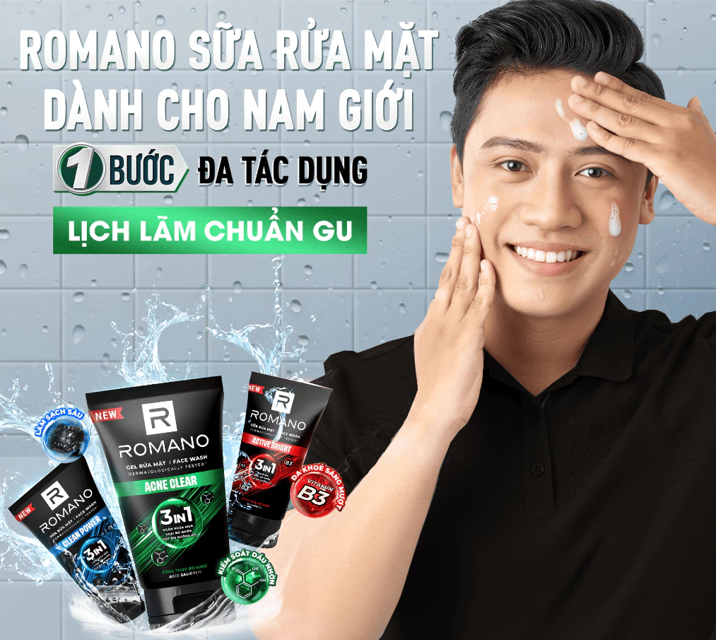  Sữa rửa mặt Romano đa tác dụng dành cho nam giới 100g: Cấp ẩm, Loại bỏ nhờn, Sáng da/Ngừa mụn/Làm sạch sâu 