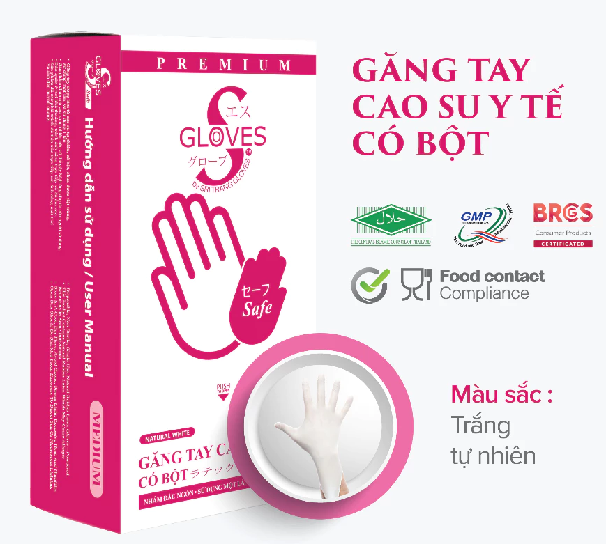  Găng tay cao su y tế Latex Có Bột Sgloves PREMIUM 5.0g 100 chiếc/hộp 