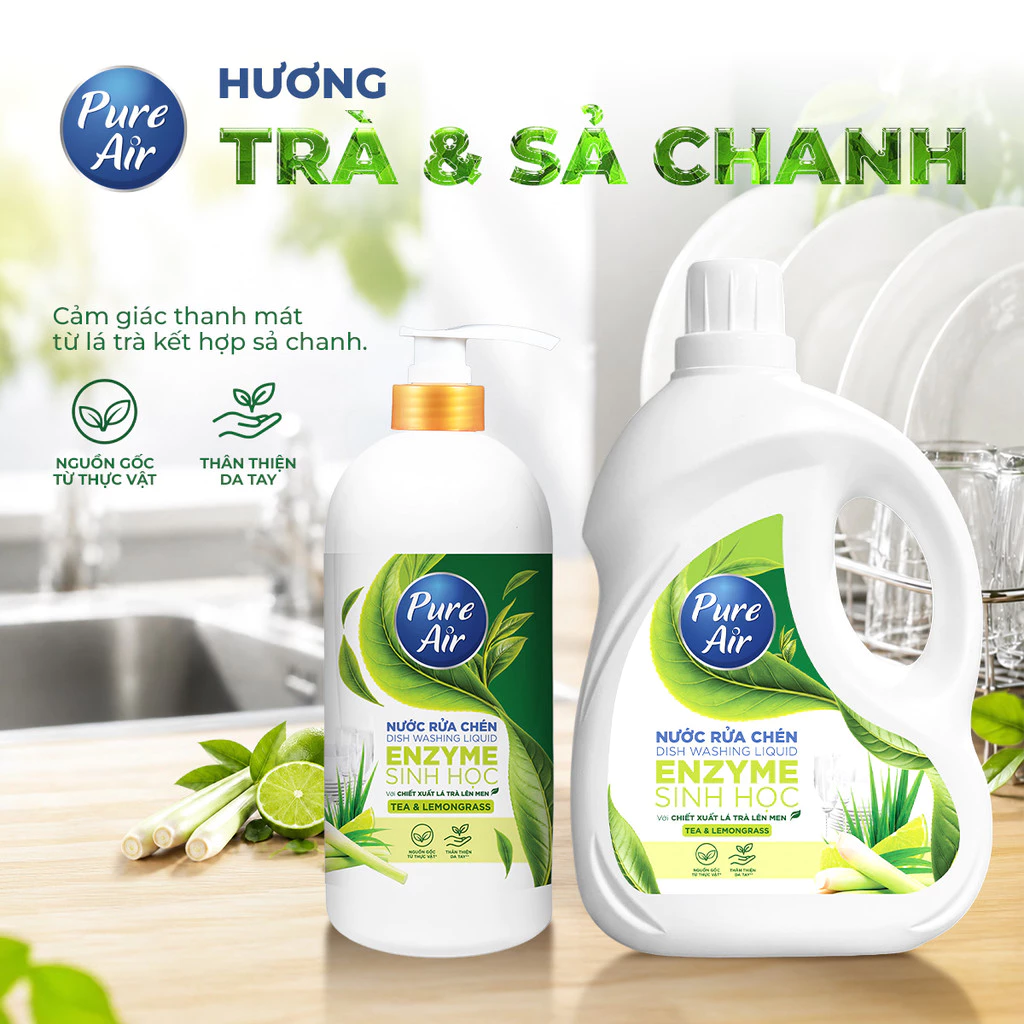  Nước Rửa Chén Enzyme Sinh Học Pure Air Chiết Xuất Lá Trà Lên Men 750g-2.3kg - Hỗ Trợ Làm Sạch Dầu Mỡ Khử Mùi Tanh Dịu Nhẹ Da Tay 