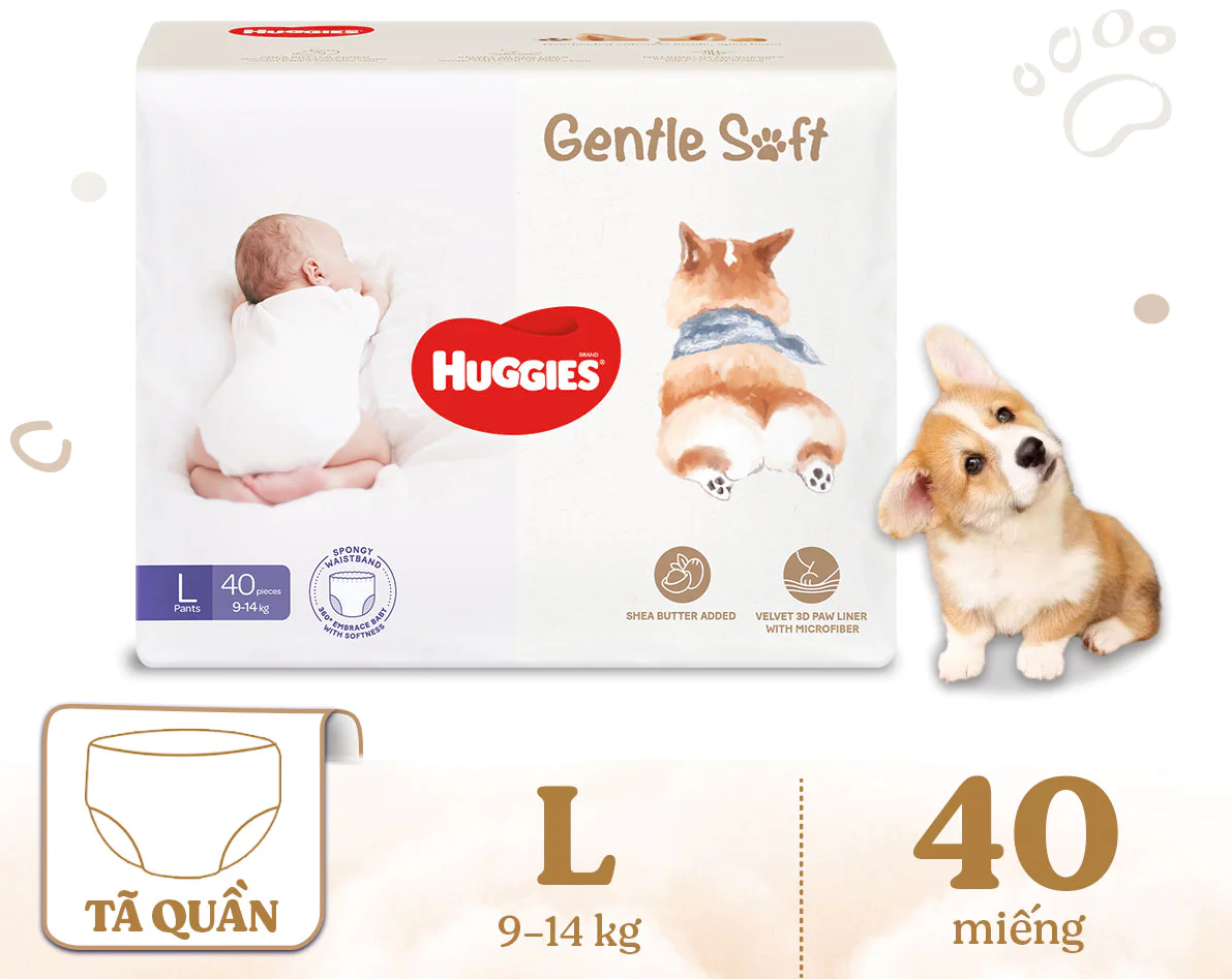  Tã quần Huggies Gentle Soft - Corgi M54/L40/XL34/XXL22 miếng êm mềm chiết xuất bơ hạt mỡ 