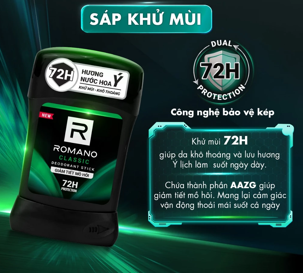  Sáp ngăn mùi cho nam Romano 50g - Khử mùi 72H, lưu hương Ý dài lâu 
