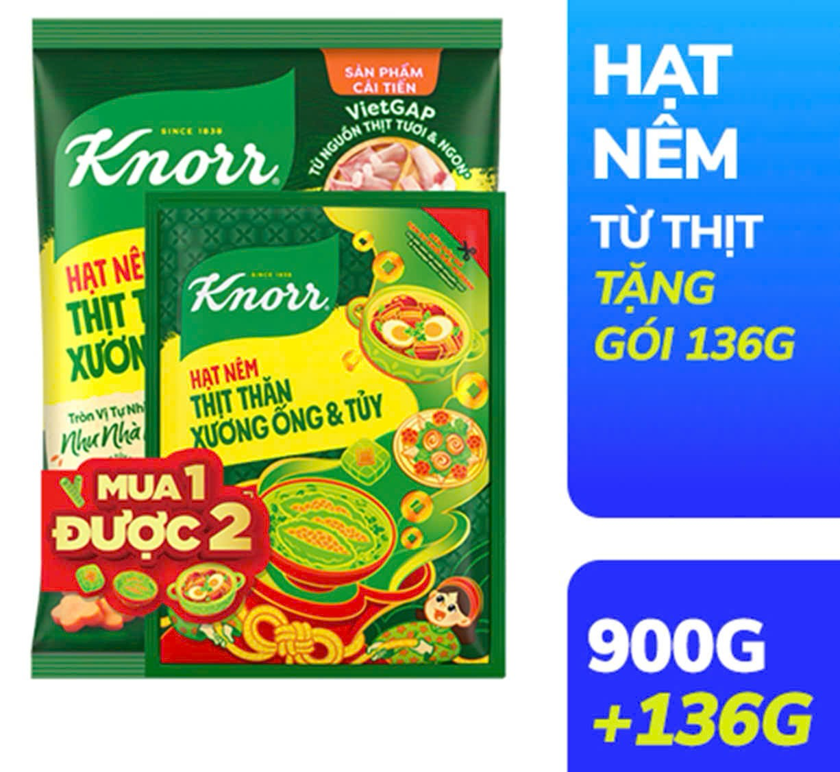  Hạt nêm Knorr thịt thăn, xương ống, tủy gói 900g tặng gói 136g 