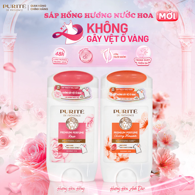  Sáp Khử Mùi Purité Hương Nước Hoa Cao Cấp Dưỡng Sáng Hoa Anh Đào / Hoa Hồng 70G (Sáp Hồng / Sáp Trắng) 