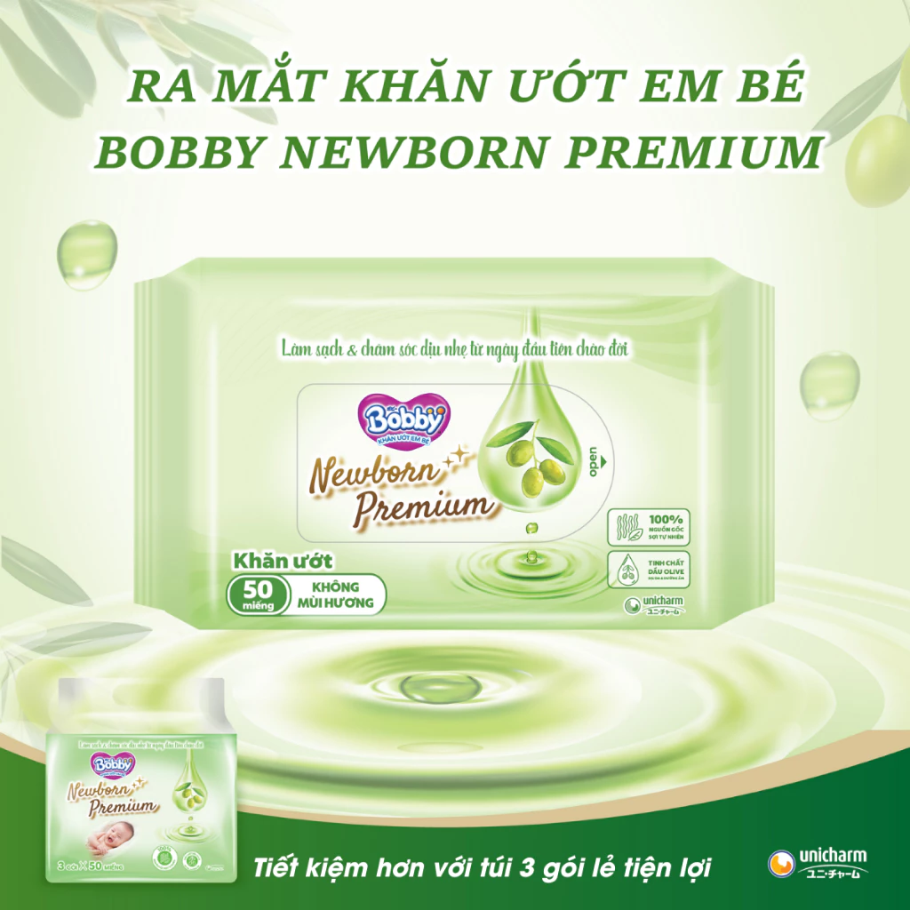  Túi 3 Gói Khăn ướt Bobby Newborn Premium 50 miếng/ gói 