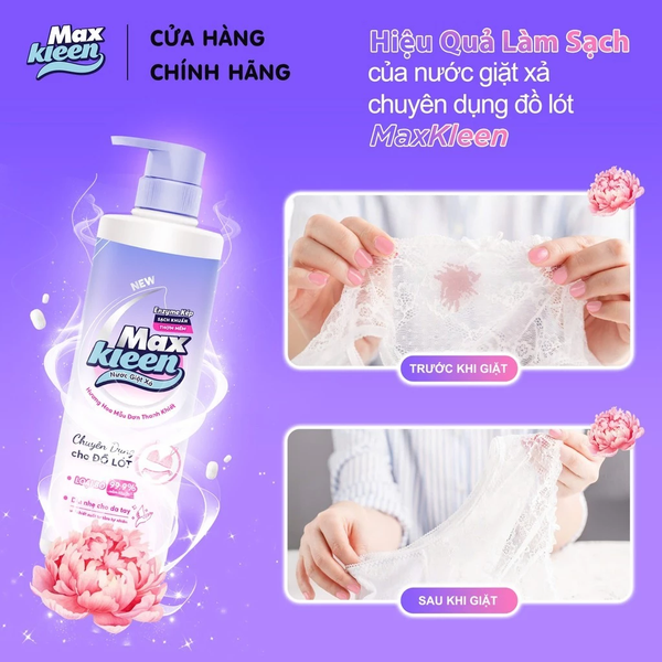  Nước Giặt Xả MaxKleen chuyên dụng cho đồ lót chai 650g Hương hoa mẫu đơn thanh khiết 