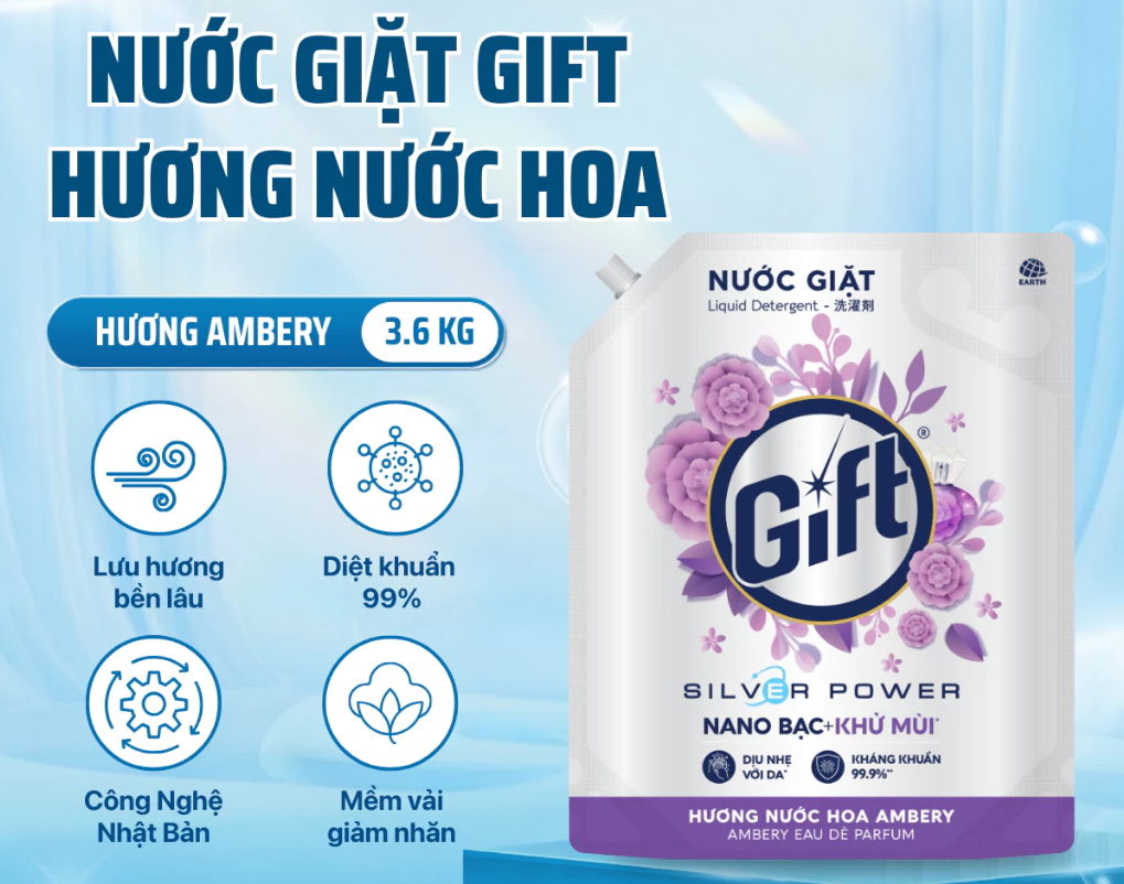  Nước Giặt Gift Kháng Khuẩn, Khử Mùi Hiệu Quả, Lưu Hương Bền Lâu 1.2kg/ 3.6kg 