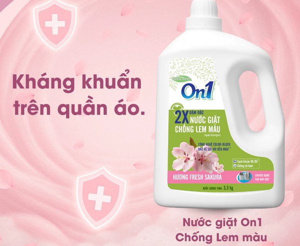 Nước giặt xả On1 chống lem màu hương Fresh Sakura 3.2Kg túi/ 3.3Kg can sạch khuẩn, khử mùi, kết hợp giặt xả 2 trong 1 