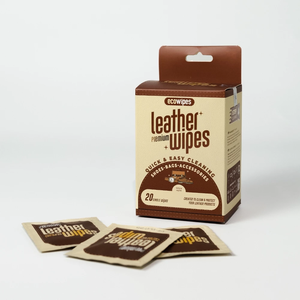  Hộp 20 gói khăn ướt lau giày da túi da ví da siêu tốc Leather EcoWipes gói 25 tờ hương quế 