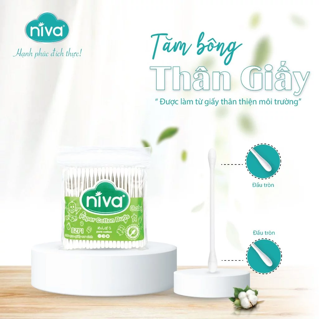  Tăm Bông Trẻ Sơ Sinh Niva BZP1 200 Que Thân Giấy, 100% Bông Tự Nhiên An Toàn 