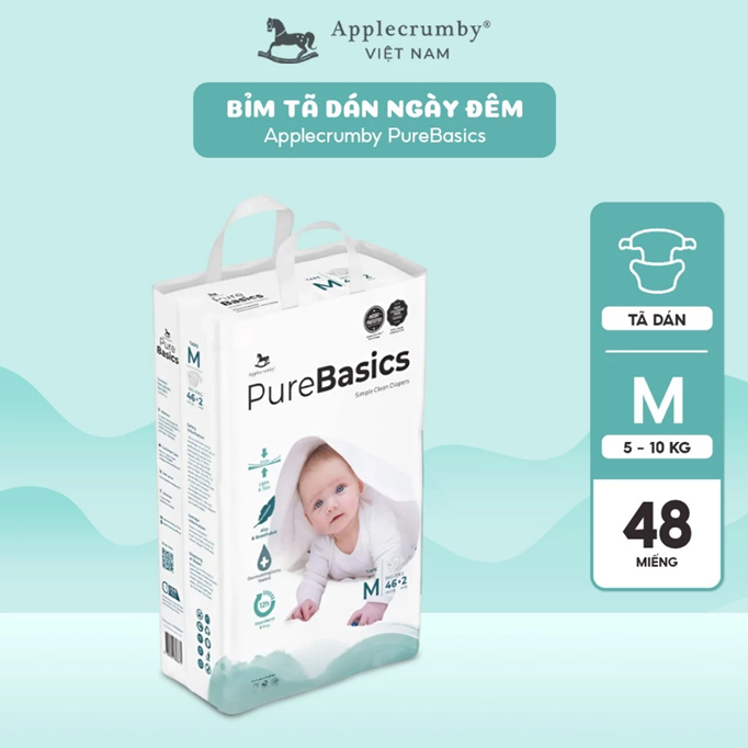  Bỉm tã dán ngày đêm Applecrumby Purebasics Diapers Tape size S - XL co giãn thoải mái 