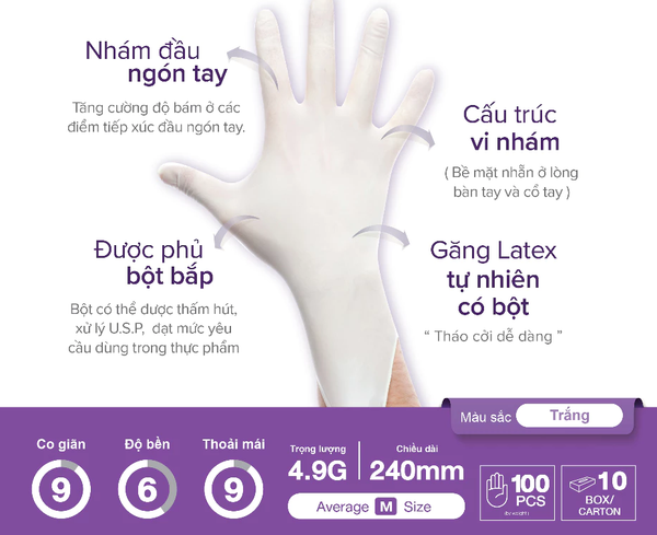  Găng tay cao su Latex CÓ BỘT Sgloves 4.8g 100 chiếc/hộp 