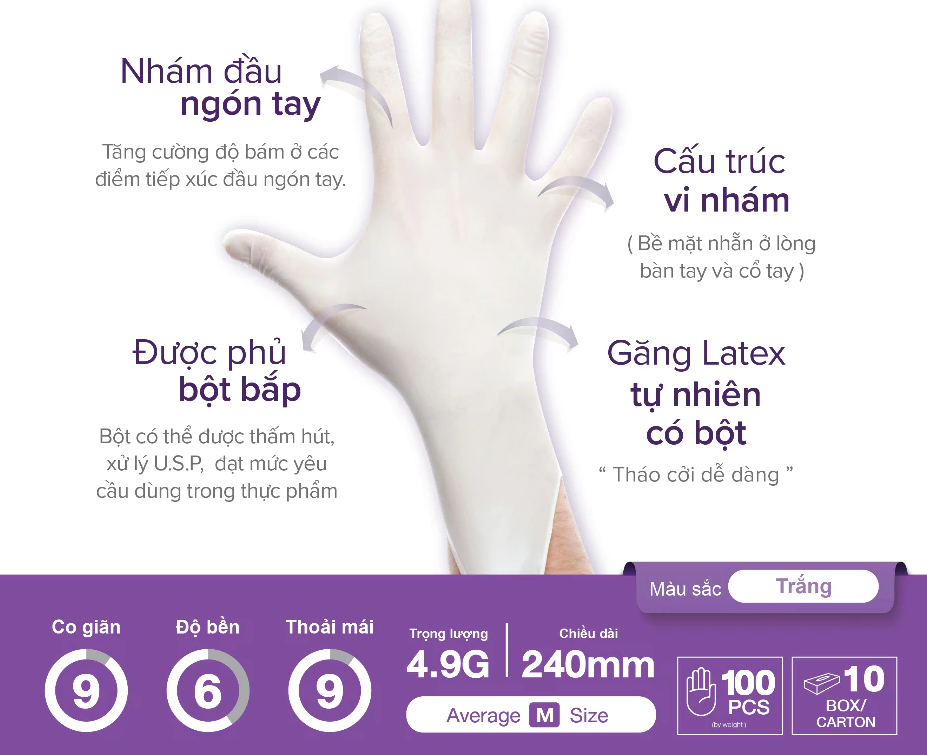  Găng tay cao su Latex CÓ BỘT Sgloves 4.8g 100 chiếc/hộp 