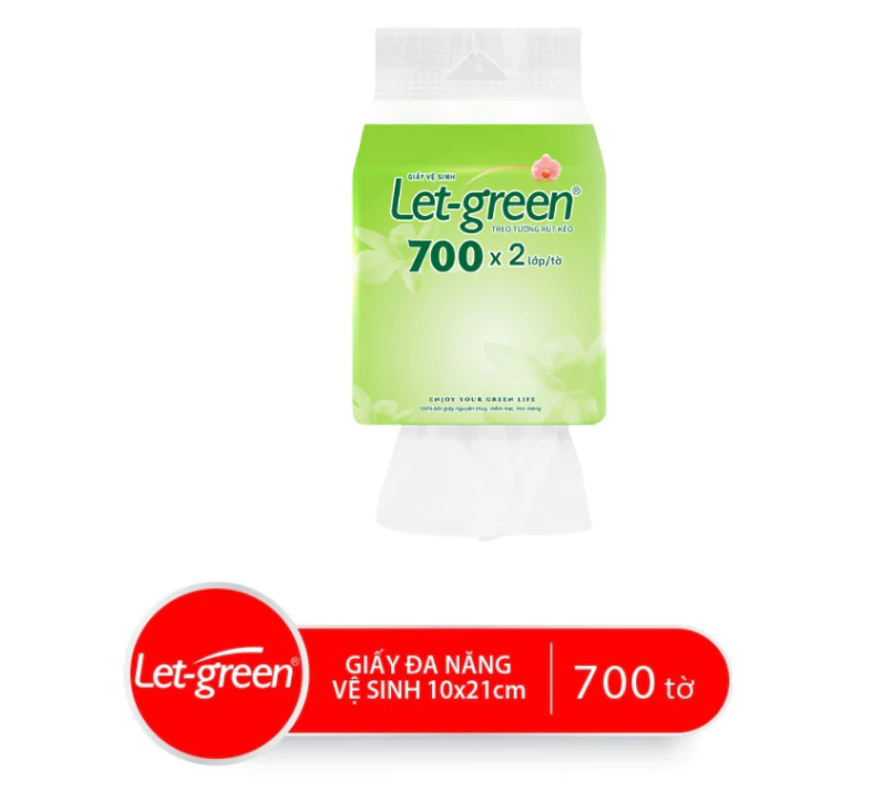  Khăn Giấy Vệ Sinh Treo Tường Rút Kéo LET-GREEN, 700 Tờ/Bao, 2 Lớp/Tờ 