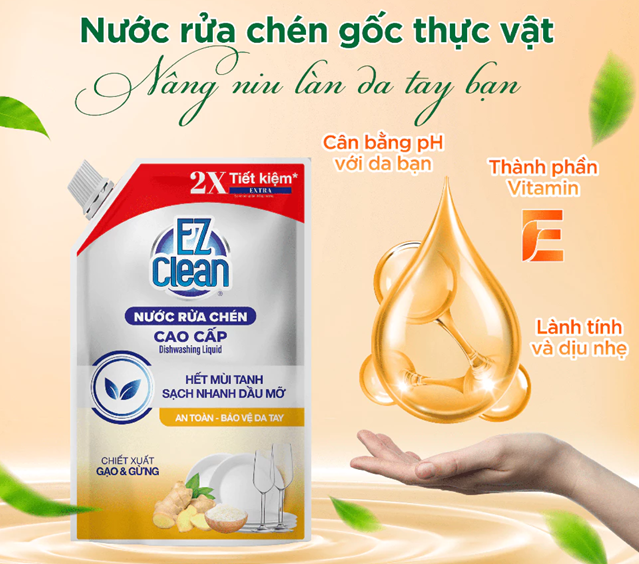 Túi Nước Rửa Chén Bát Gốc Thực Vật EZ CLEAN 1,2kg - Sạch nhanh dầu mỡ, mùi tanh, dịu nhẹ cho da tay 