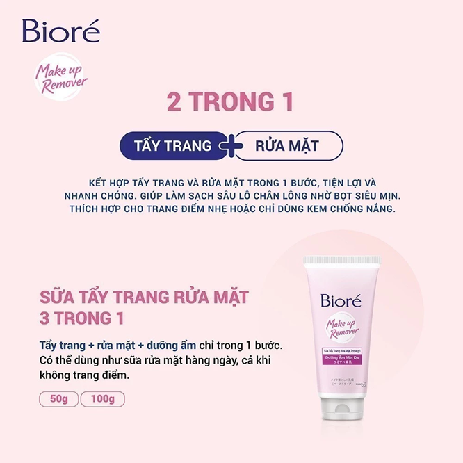  Sữa Tẩy Trang Rửa Mặt 3 Trong 1 Dưỡng Ẩm Mịn Da Biore 100g 