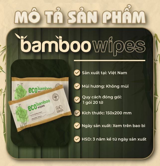  Khăn ướt vải sợi tre kháng khuẩn EcoBamboo EcoWipes gói 20 tờ không mùi 