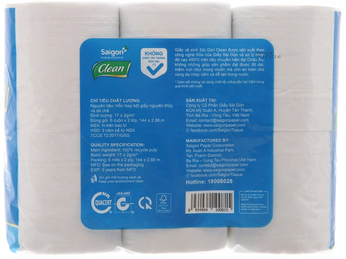  Giấy vệ sinh Saigon Clean 2 lớp 10cm x 12cm 