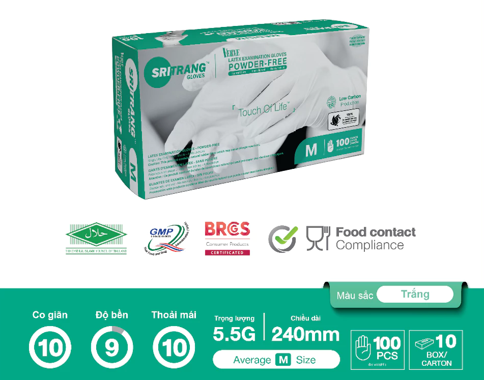  Găng tay y tế Latex KHÔNG BỘT Sri Trang VERVE 5.5g 100 chiếc/hộp 