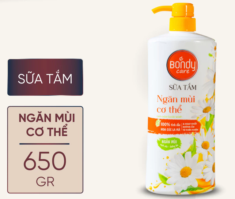  Sữa tắm ngăn mùi cơ thể, kháng khuẩn Bondy Care 650g, lưu hương thơm tự nhiên 