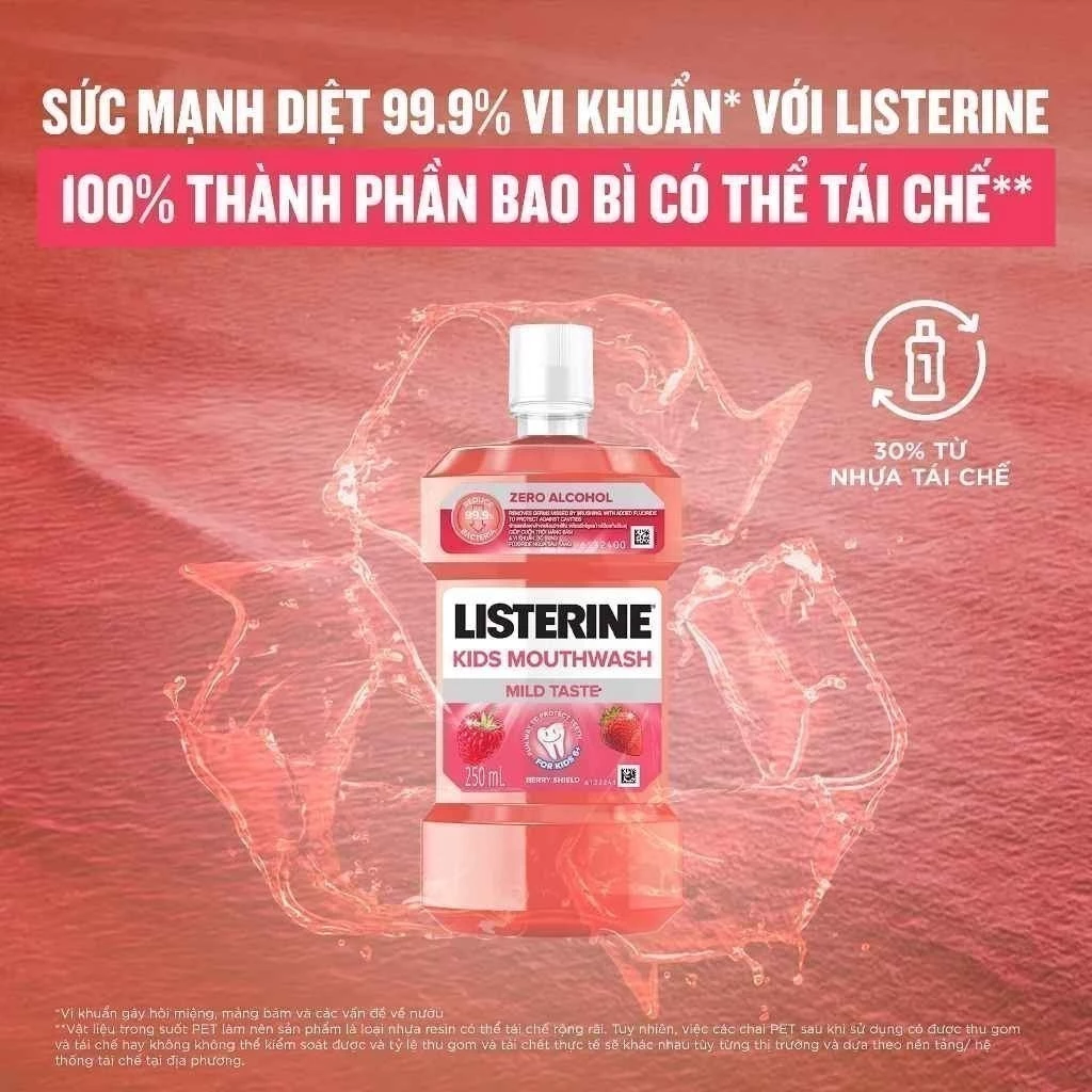  Nước súc miệng Listerine Kids Mouthwash with berry shield dành riêng cho trẻ trên 6 tuổi 250ml 