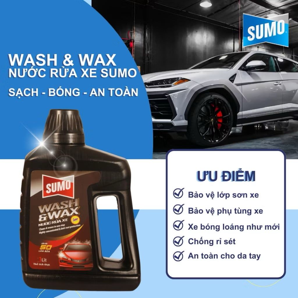  Nước Rửa Xe Sumo Wash & Wax 1 Lít  Đen Mới Nước Rửa Xe Bảo Vệ Nước Sơn Xe Rưa Xe Ô Tô 