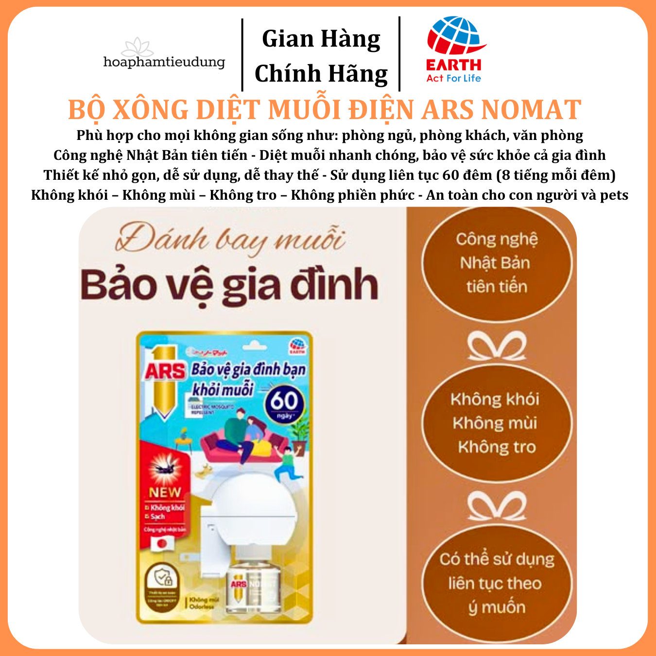  Bộ xông diệt muỗi điện ARS NOMAT công nghệ Nhật Bản, không mùi, không khói, sử dụng liên tục 60 đêm (8 tiếng mỗi đêm) 