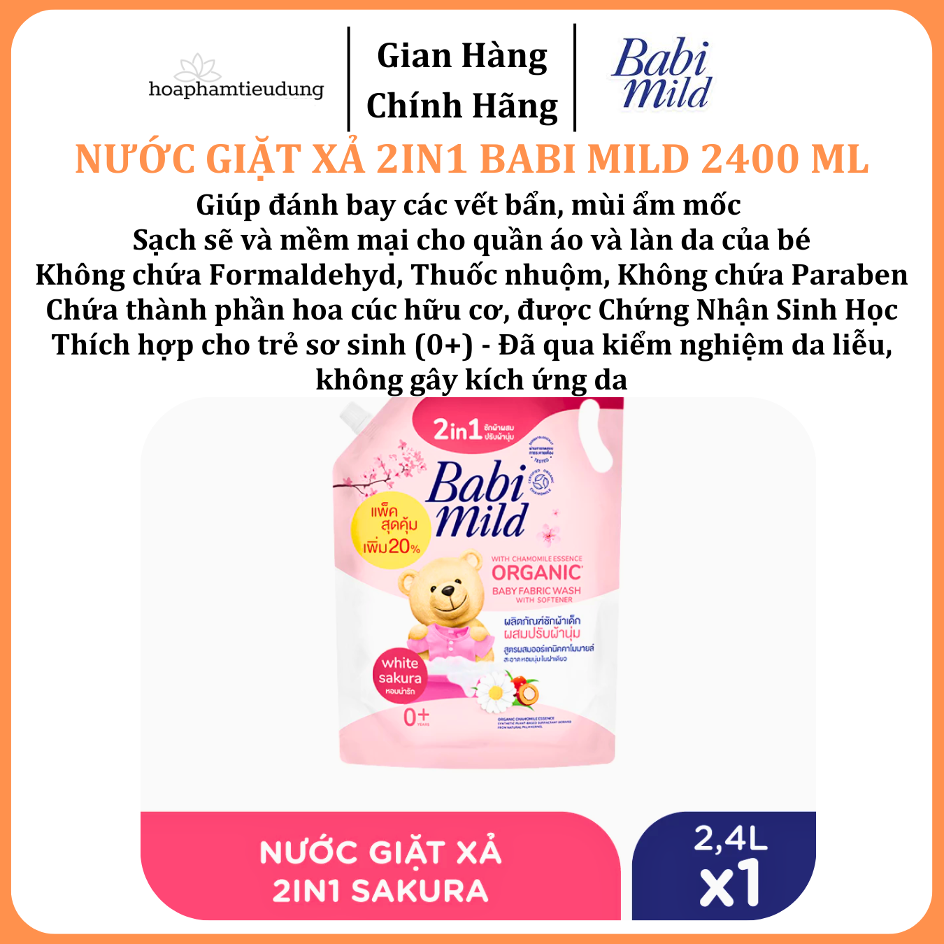  Nước Giặt Xả Dịu Nhẹ Cho Bé 2in1 Babi Mild 2400ml/ túi 