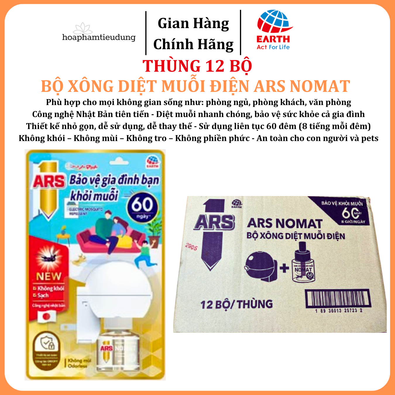  Bộ xông diệt muỗi điện ARS NOMAT công nghệ Nhật Bản, không mùi, không khói, sử dụng liên tục 60 đêm (8 tiếng mỗi đêm) 