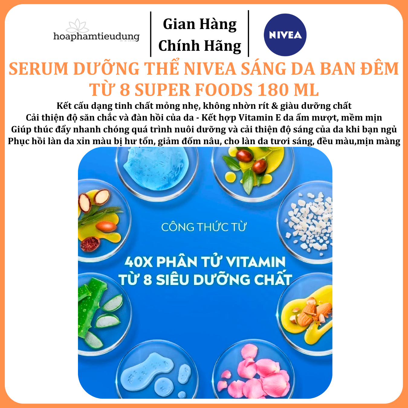  Serum Dưỡng Thể NIVEA Sáng Da Ban Đêm từ 8 Super Foods 180 ml 