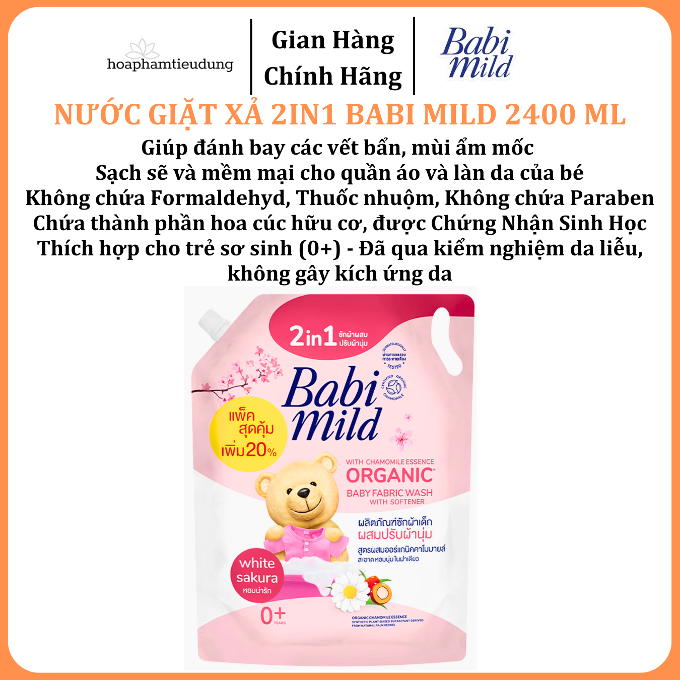  Nước Giặt Xả Dịu Nhẹ Cho Bé 2in1 Babi Mild 2400ml/ túi 