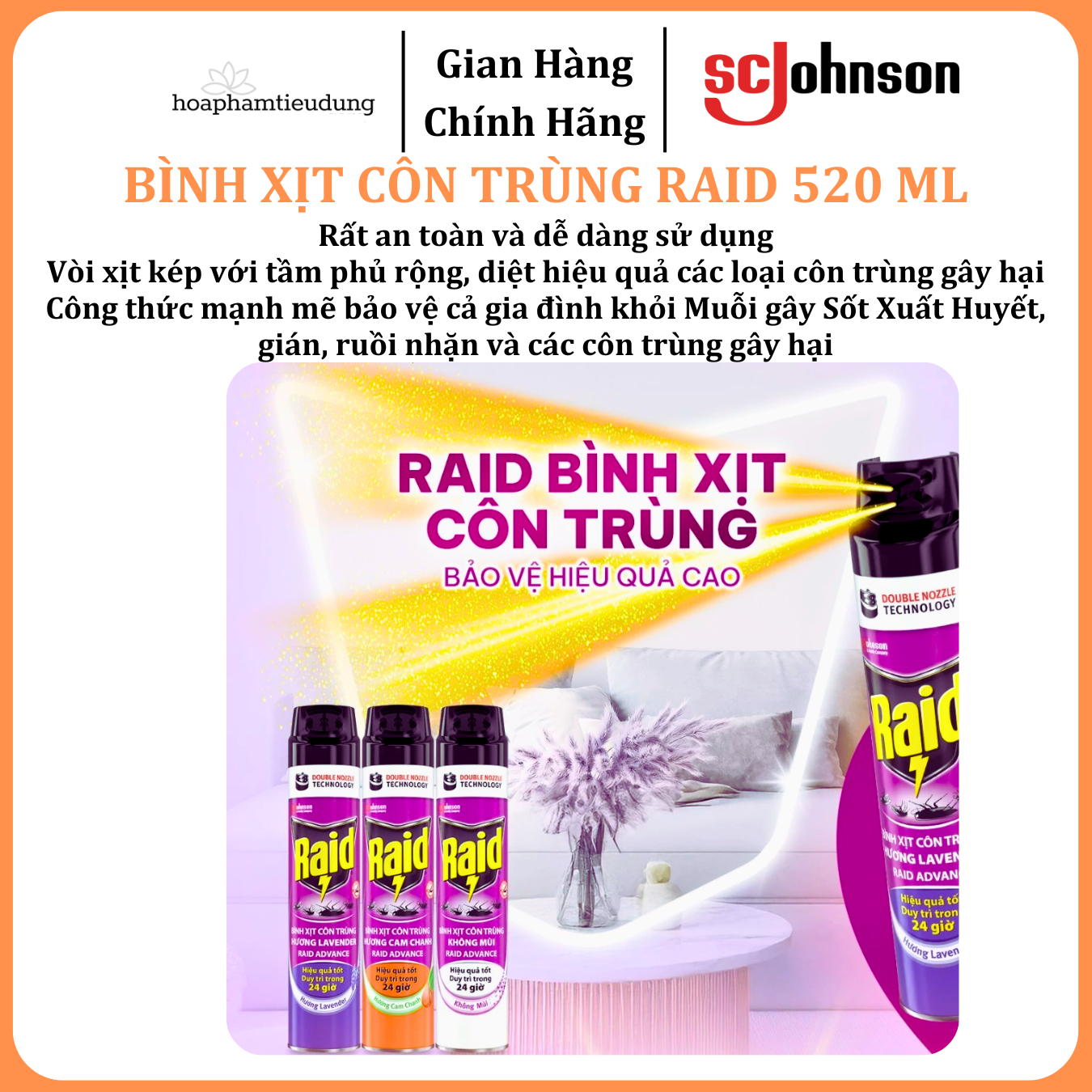  Bình Xịt Côn Trùng Bảo Vệ Dài Lâu RAID 520 ml 