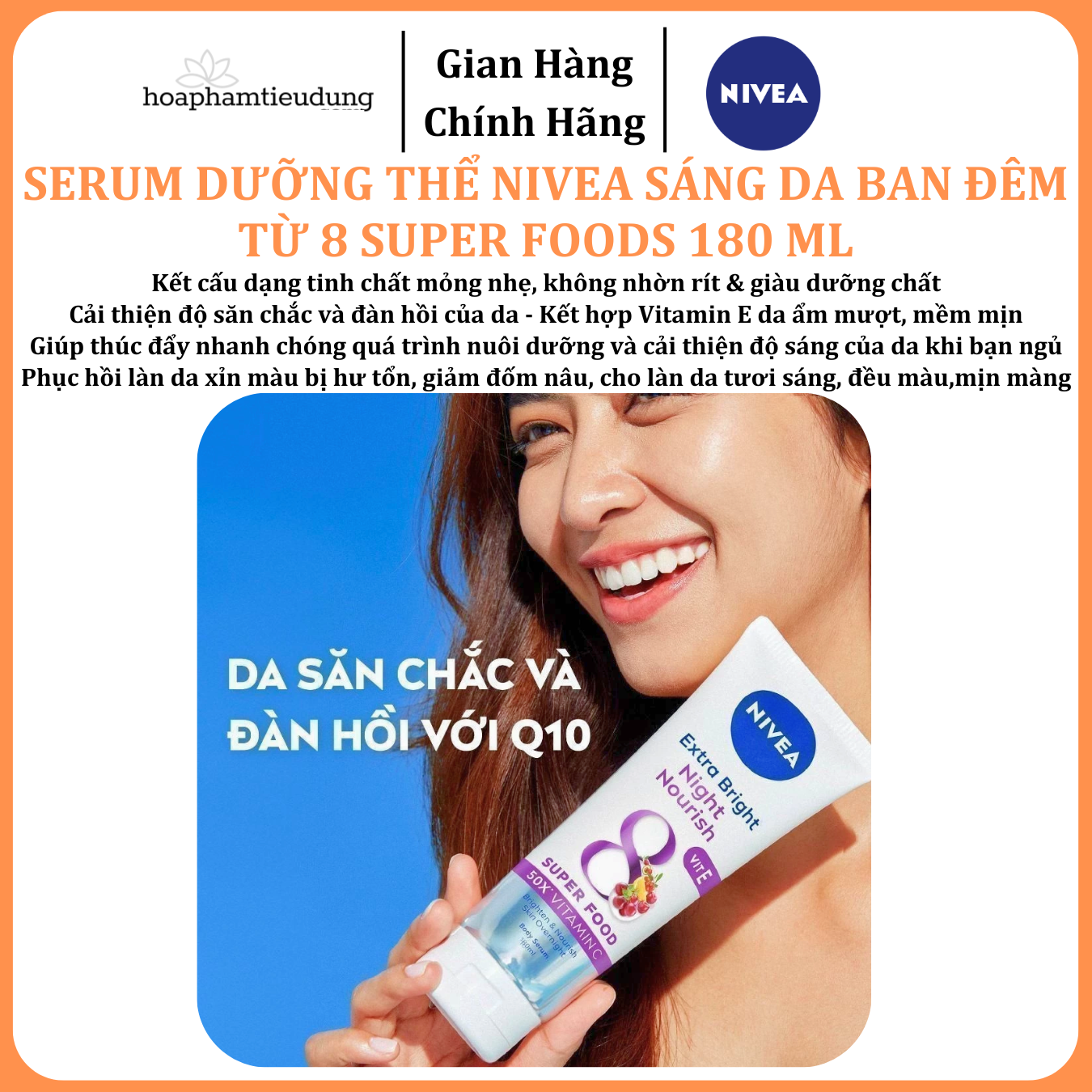  Serum Dưỡng Thể NIVEA Sáng Da Ban Đêm từ 8 Super Foods 180 ml 