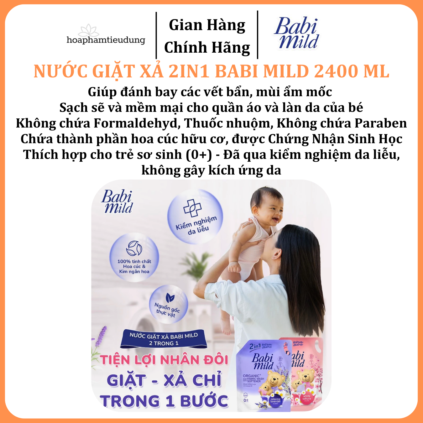  Nước Giặt Xả Dịu Nhẹ Cho Bé 2in1 Babi Mild 2400ml/ túi 