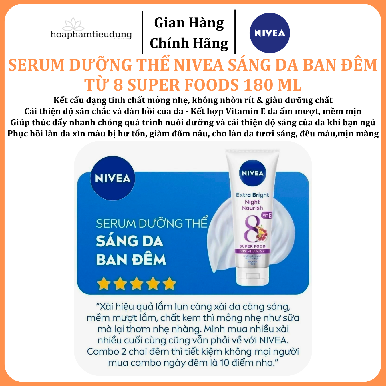  Serum Dưỡng Thể NIVEA Sáng Da Ban Đêm từ 8 Super Foods 180 ml 