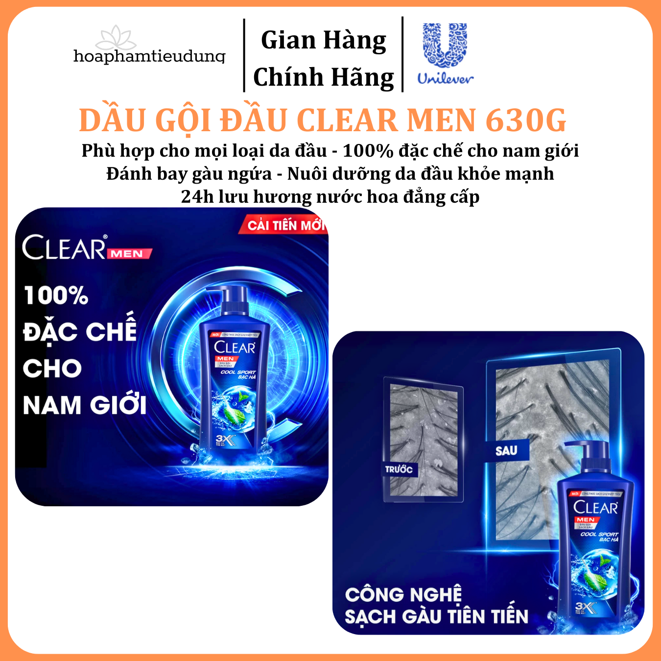 Dầu Gội Đầu cho nam Clear Men đánh bay gàu, ngứa và vi khuẩn mát lạnh cực đỉnh suốt ngày dài 600-900g 