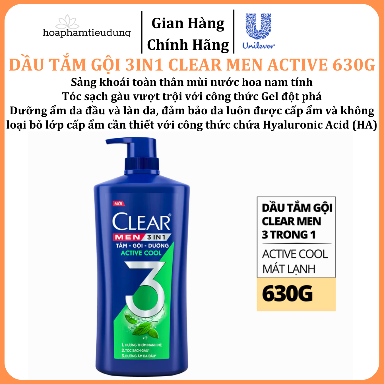  Dầu Tắm - Gội - Dưỡng Mát Lạnh 3 trong 1 cho nam Clear Men Active 630g 